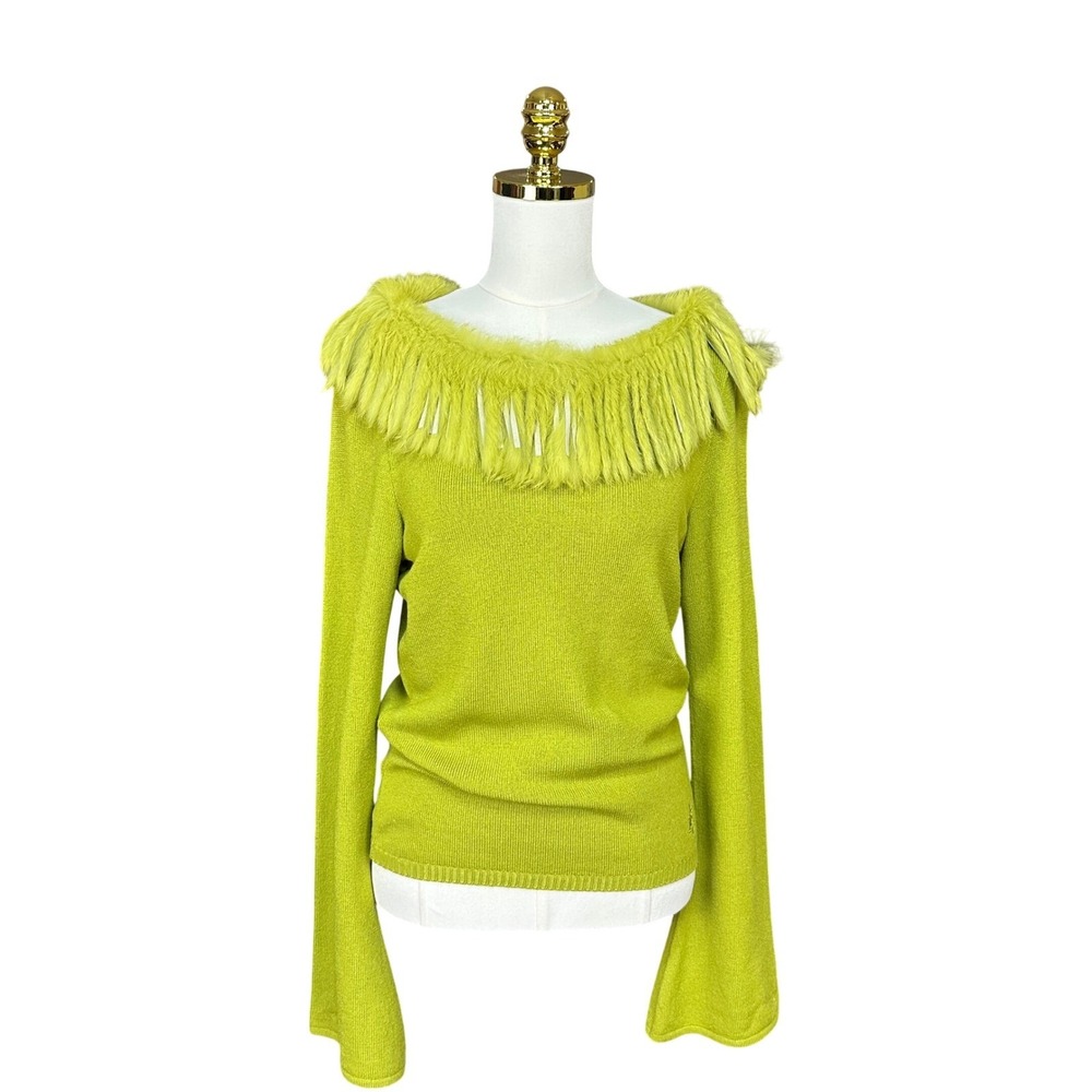 VTG Y2K Roccobarocco Off Shoulder Rabbit Fur Knit Sweater Cashmere Wool Grn Bell